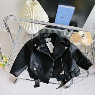 男女童短款收腰洋气机车水洗皮夹克2024冬季加厚加绒宝宝皮衣外套