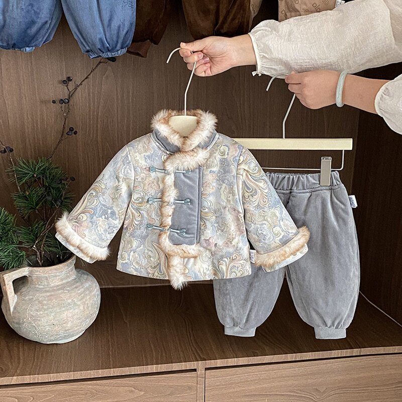 男童冬装套装男宝宝中式唐装夹棉百天抓周岁宴礼服婴儿分体两件套