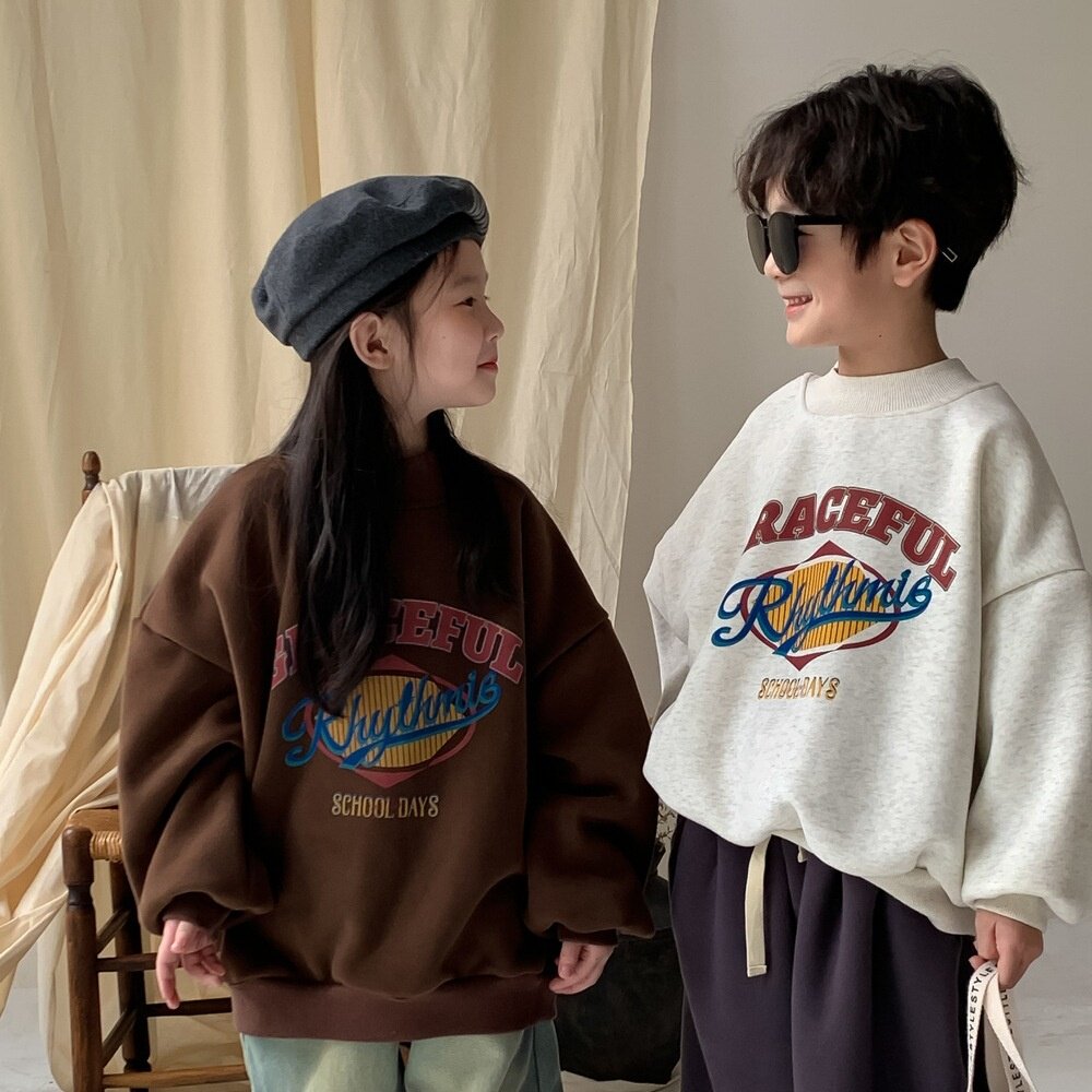 儿童加绒卫衣男女童冬季加厚一体绒宝宝印花圆领休闲运动套头上衣