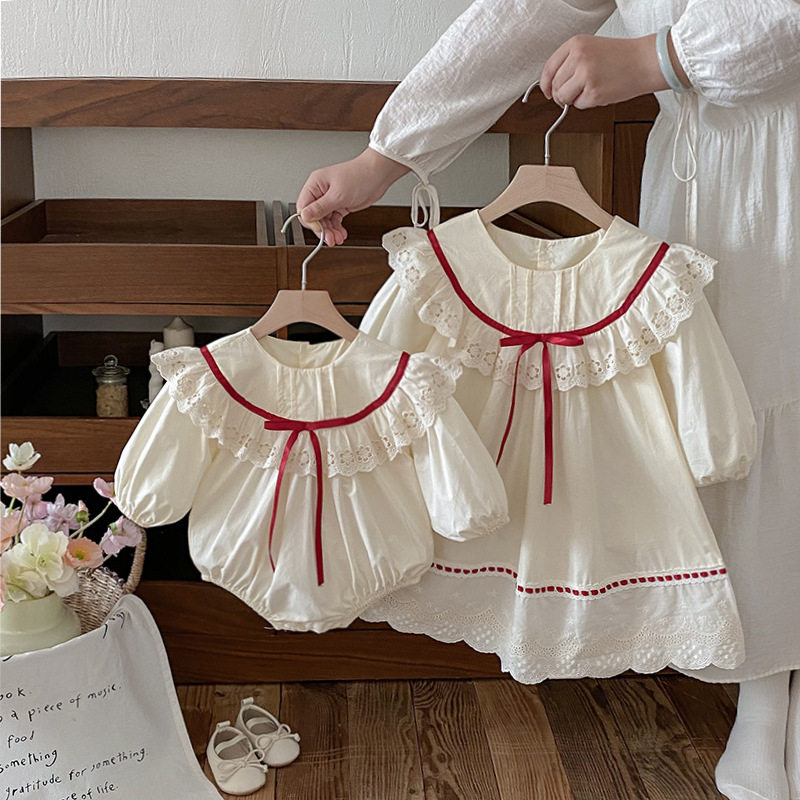 2026秋季婴儿衣服时髦女童花边包屁衣爬服长袖公主连衣裙子姐妹装