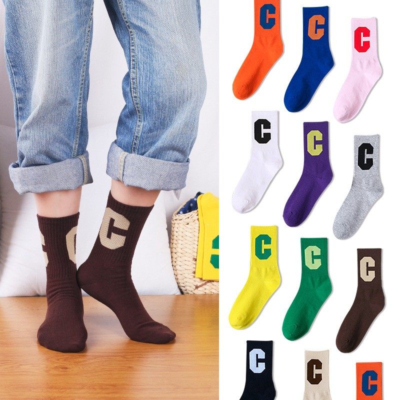 春秋袜子女中高筒袜ins潮字母满印黑白纯棉运动长袜韩系男袜舒适