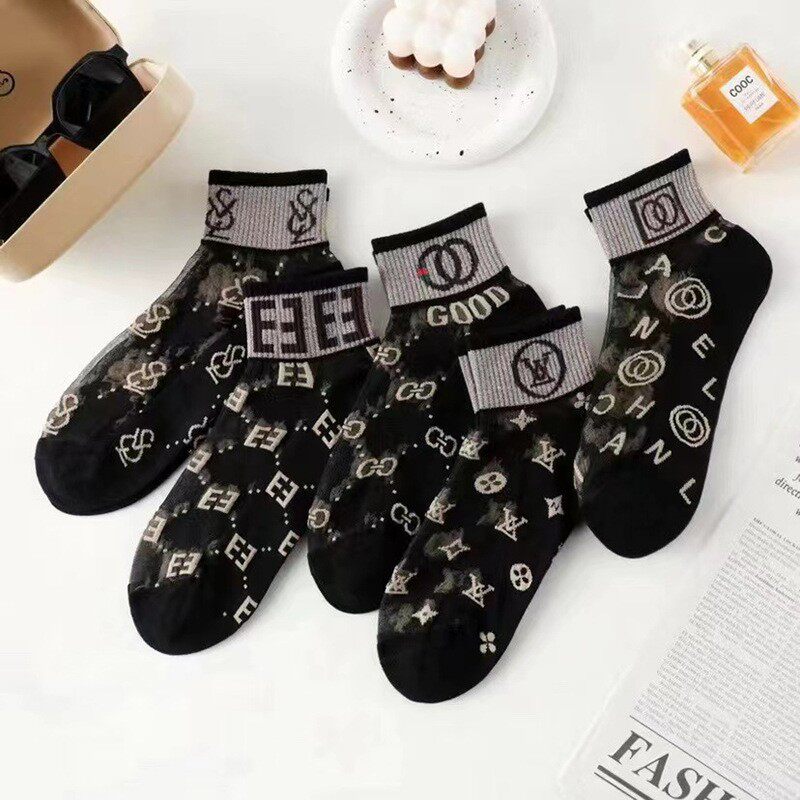 夏季袜子女条纹水晶玻璃丝薄款棉底黑色字母女袜潮ins丝袜短筒