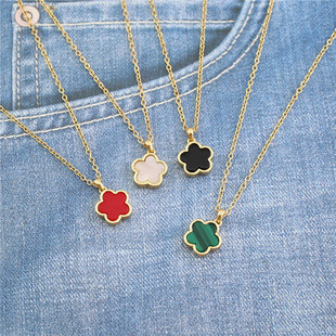 日韩简约风镶嵌贝壳绿色五叶草吊坠项链女士锁骨链合金四叶草吊坠