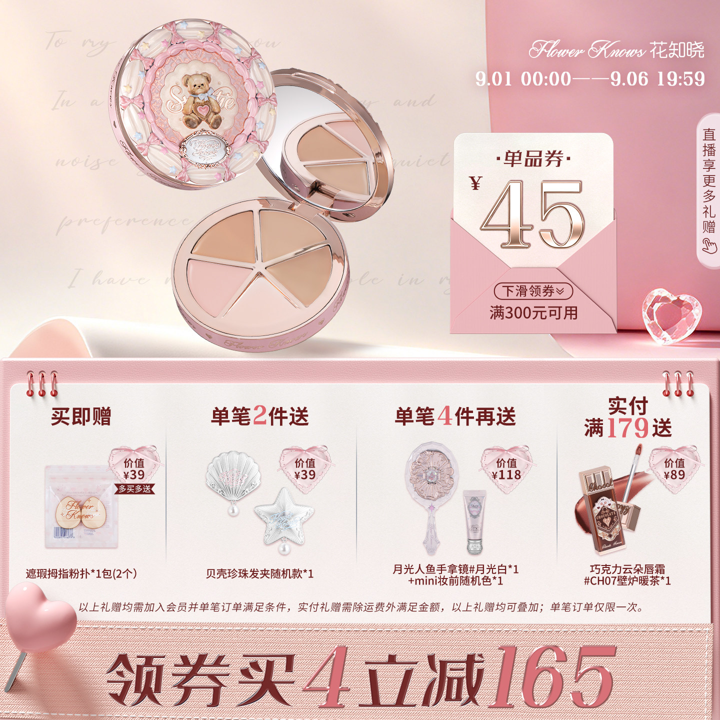 【满300减45】花知晓甜心小熊四色遮瑕盘遮痘印黑眼圈遮泪沟图片