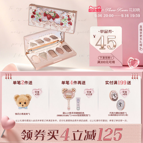 【满300减45】花知晓草莓洛可可五色眼影盘清冷眼影大地色哑珠光