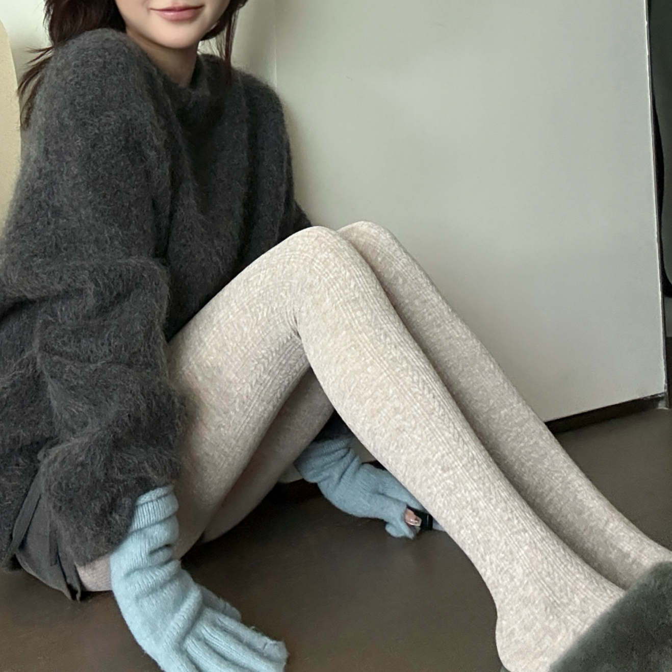 温柔燕麦色秋冬婴儿绒高弹打底袜文艺麦穗提花薄绒灰色显瘦连裤袜