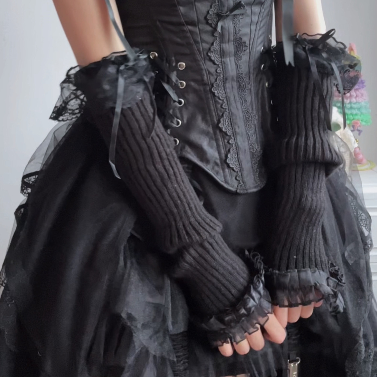 甜美粉色洛丽塔蕾丝花边手袖暗黑哥特蝴蝶结针织袖套防晒护手三色