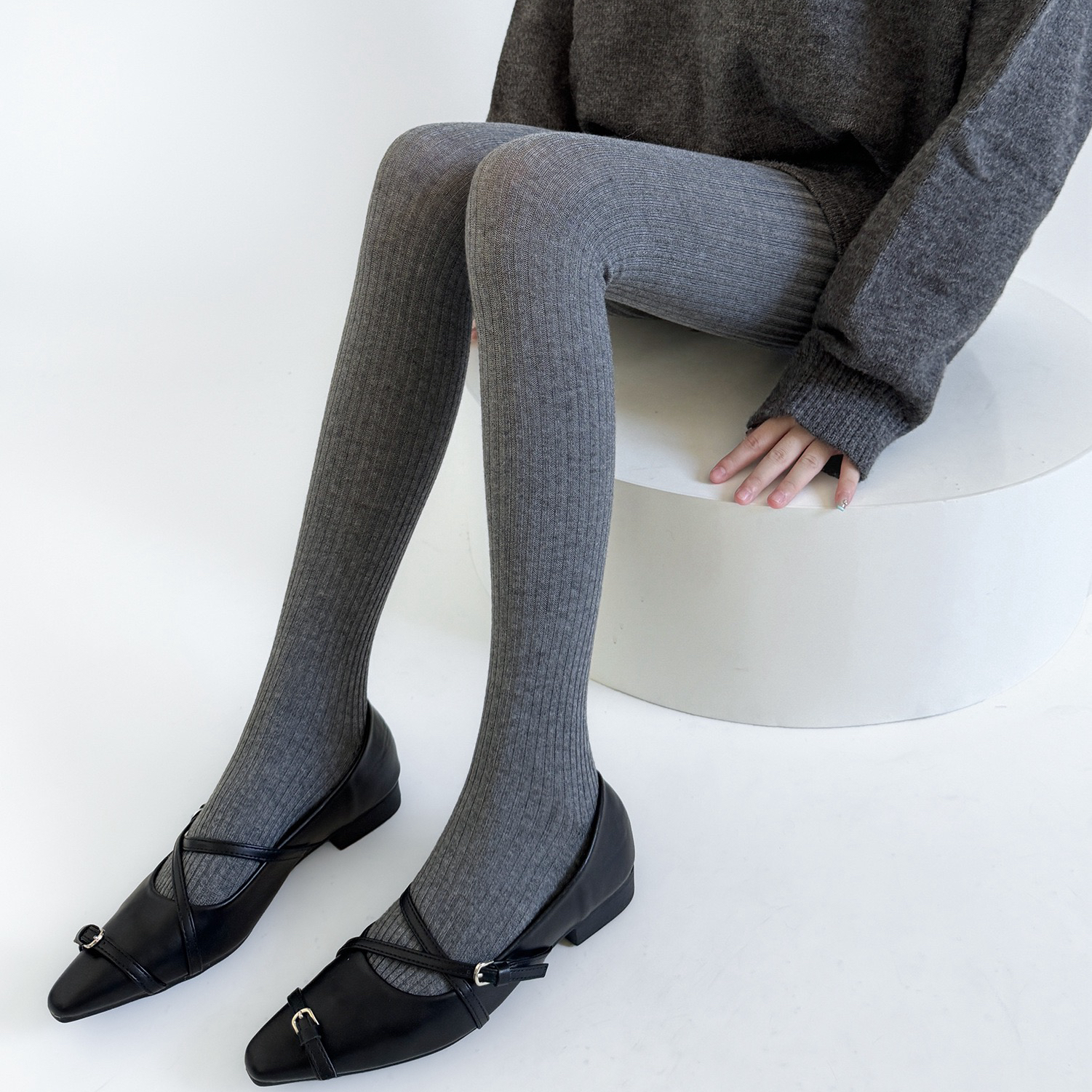 简约宽条设计INS风连裤袜格雷系