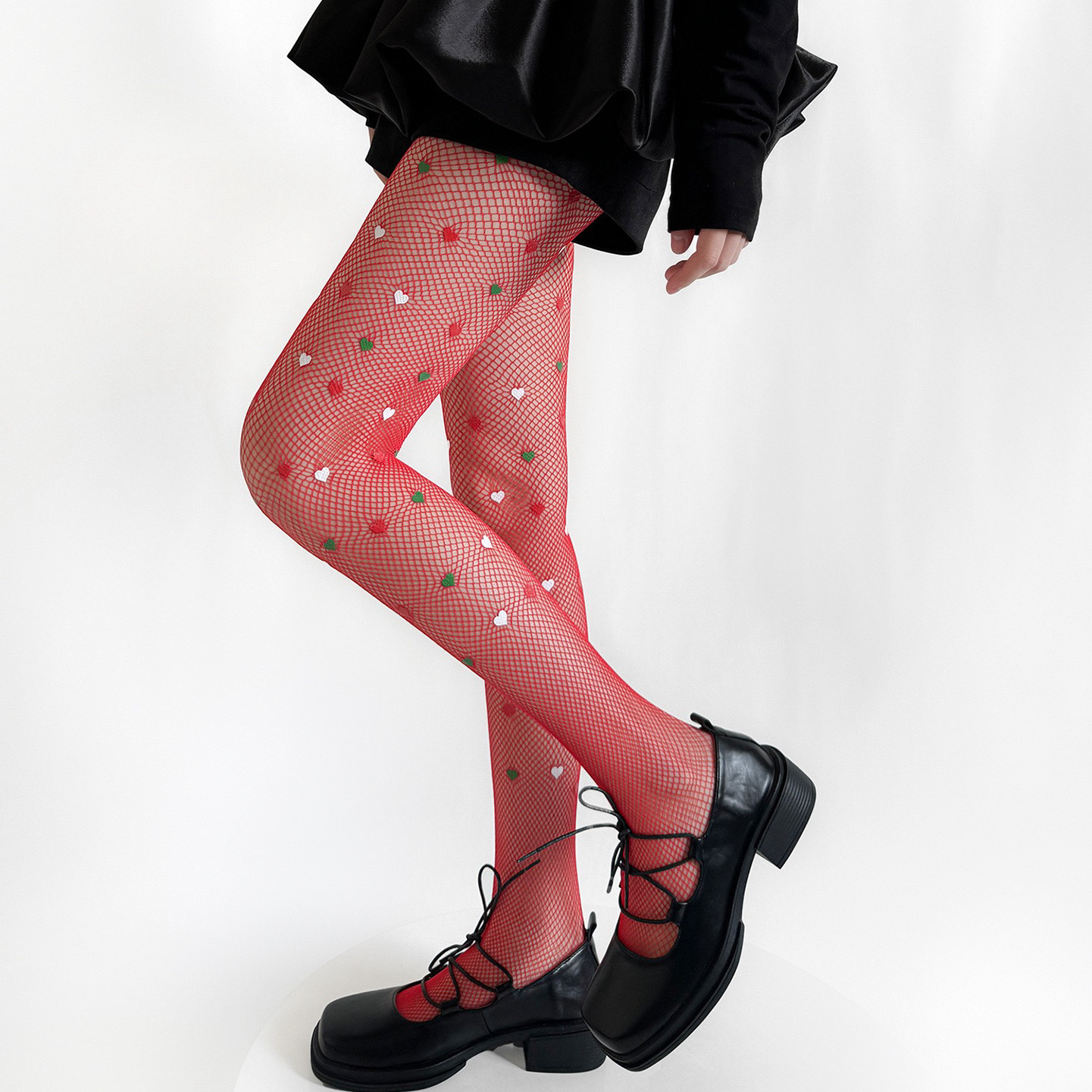 亮红色渔网袜y2k辣妹爱心连裤袜