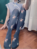 秋季 国风旗袍复古风情黑色打底女袜 袜 新品 120D古着花朵印花连裤