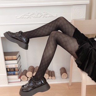 街拍甜酷格子黑色连裤 个性 袜女 美腿黑丝 早秋40D复古菱格显瘦薄款