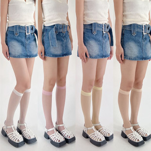 夏季彩色丝袜包芯丝中筒小腿袜子 糖果色千禧风y2k超薄透明膝下袜