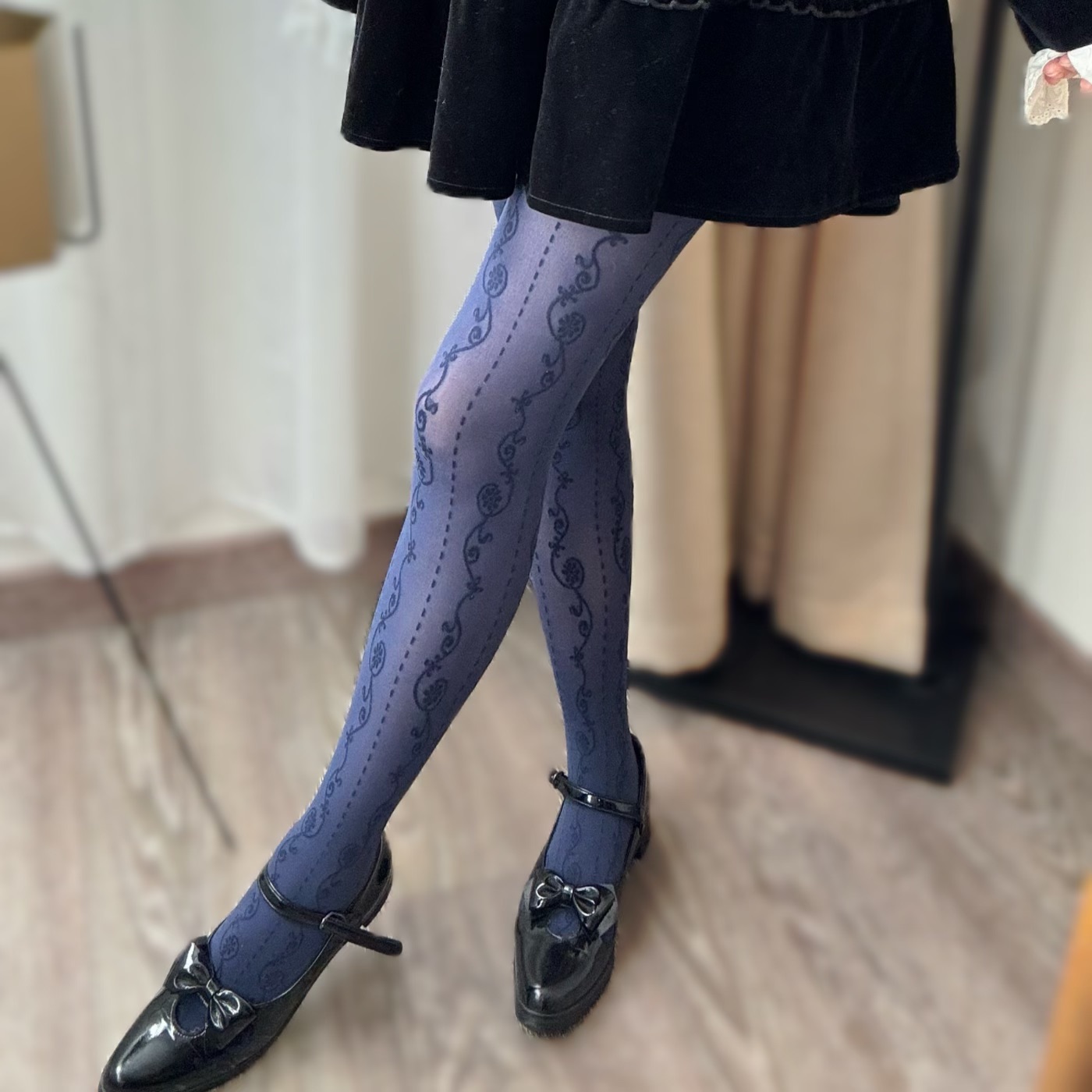 文艺藏蓝色天鹅绒提花丝袜60D甜美lolita洛丽塔花卉提花防勾丝袜