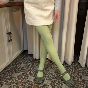 植物系草绿色哑光显瘦竖条连裤 袜春秋120D糖果色弹力不反光打底袜