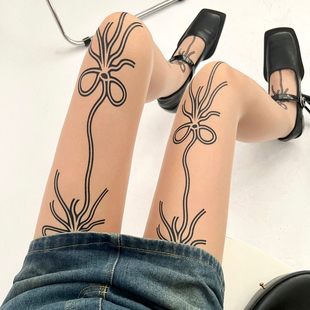 个性 袜子 辣妹亚文化纹身袜蝴蝶结丝袜假刺青肤色y2k黑色透肉连裤