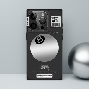 欧美潮牌斯图西黑8桌球适用苹果iPhone16ProMax磁吸手机壳方形直角边15全包13pro时尚 潮流14promax手机壳方形