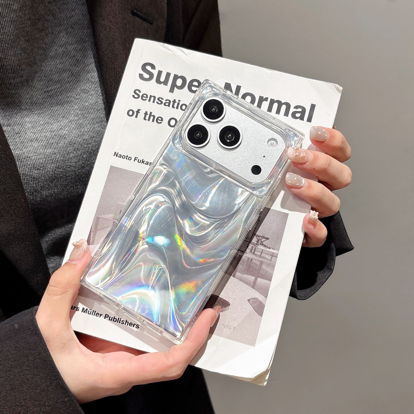 ins新款双层丝绸纹银色适用苹果iPhone16pm方形直角边手机壳新17promax透明软壳小众13高级感15/14保护套12pm