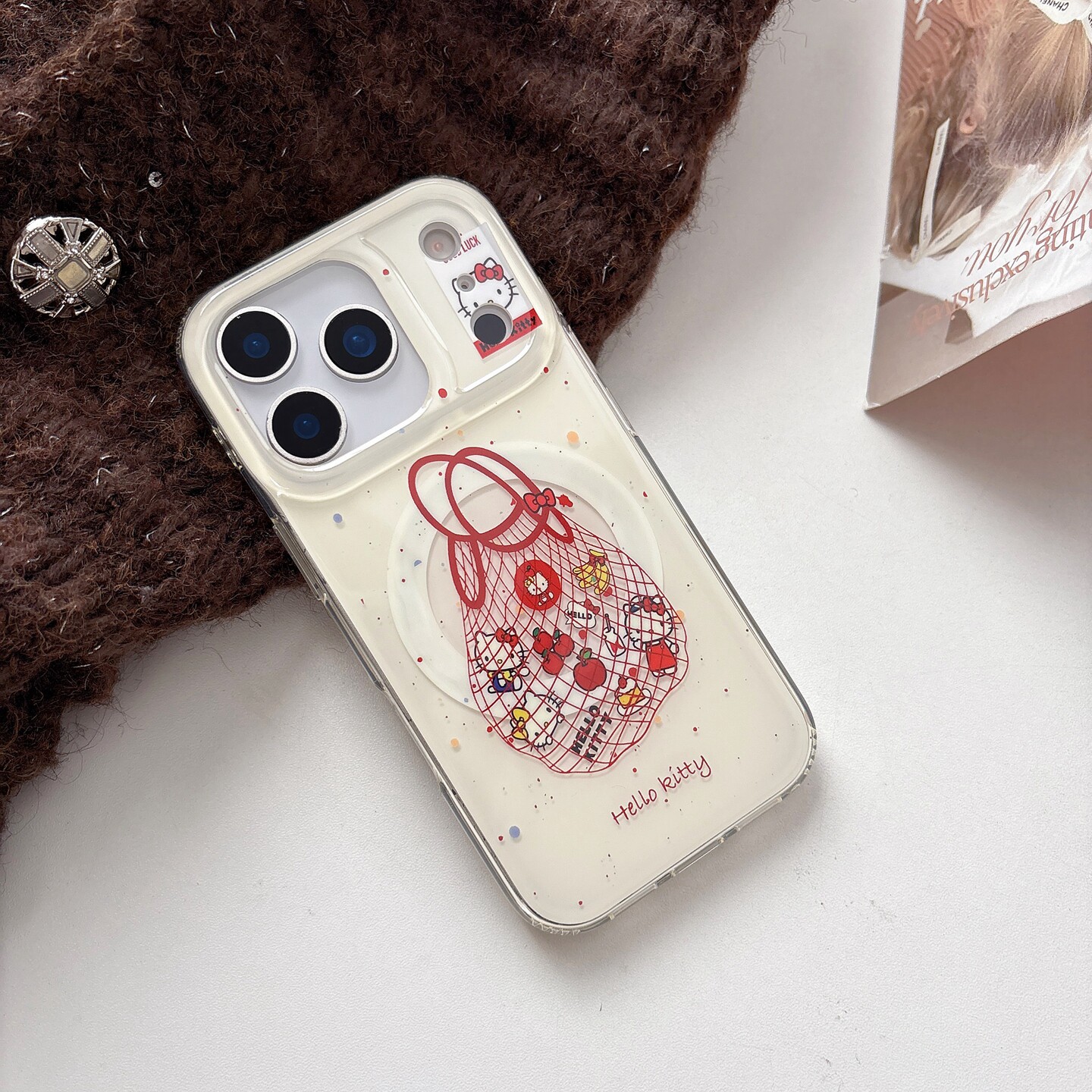 新款简约KT小猫购物袋卡通适用苹果iPhone16promax磁吸手机壳17pro磁吸支架透明15/14pro13保护套可爱女款ins