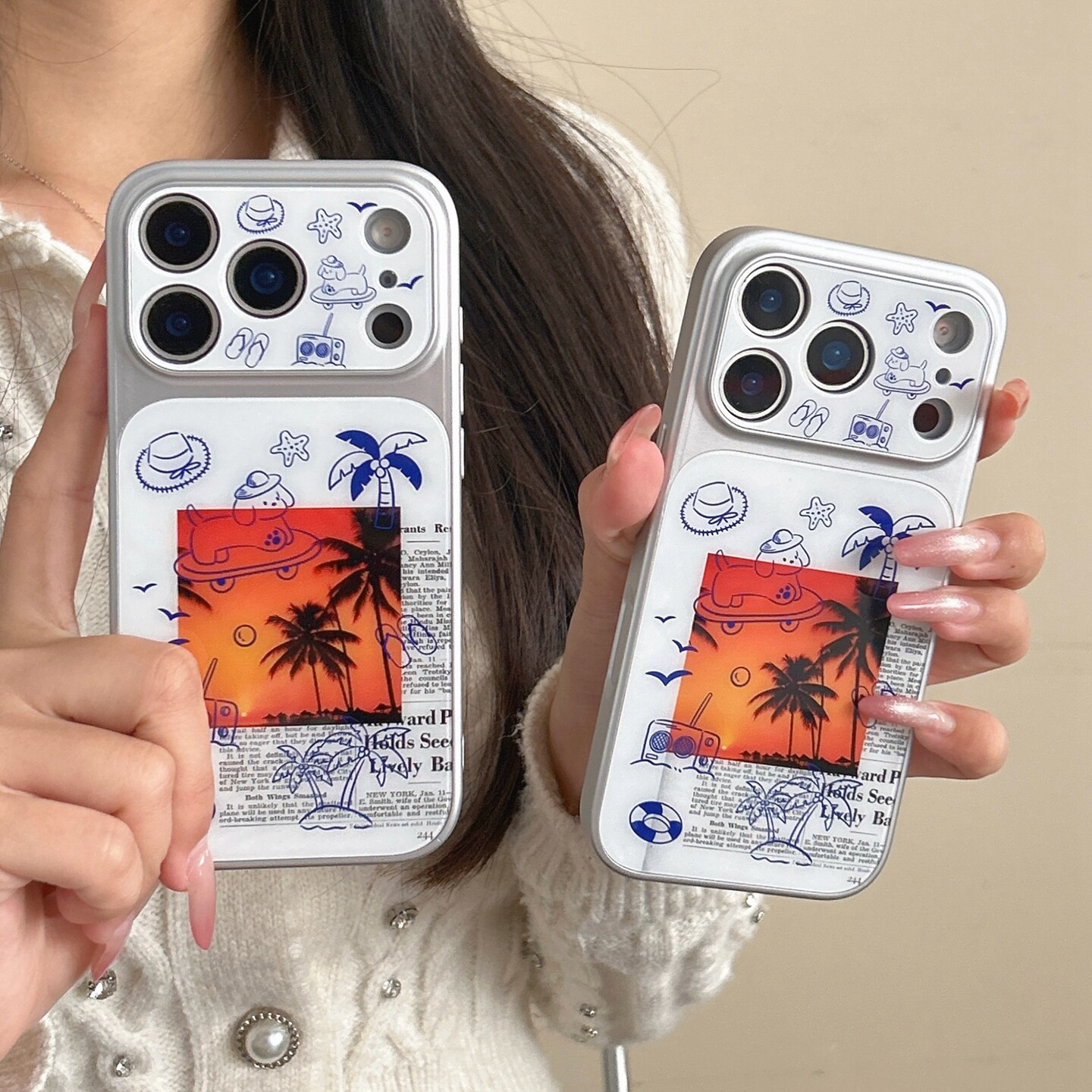 ins风卡通夏日椰子树度假风蓝线条小狗适用苹果iPhone17promax手机壳亚克力16/15/14保护套可爱秒变17大视窗