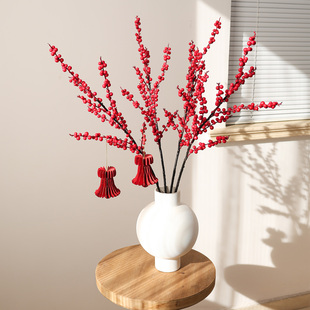 年宵花发财果红色仿真冬青果枝花艺摆件家居装饰客厅桌面花瓶插花