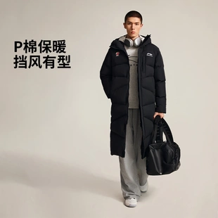 李宁长款 CBA男子防泼水保暖宽松长棉服AFMV015 棉服2025年冬款