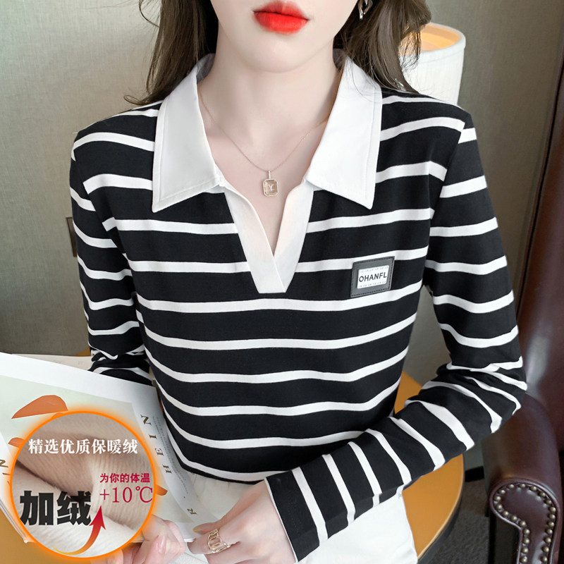 条纹打底衫女内搭加绒加厚长袖t恤纯棉POLO领保暖秋衣春秋冬上衣