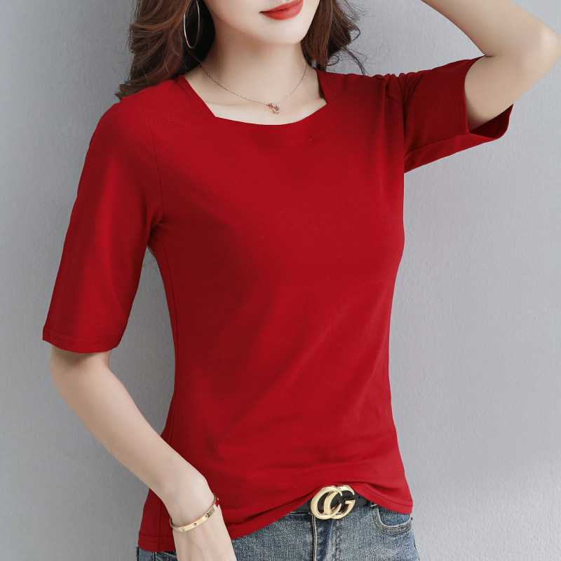 白色短袖t恤女纯棉修身2022夏季新款中袖体恤方领小心机锁骨上衣