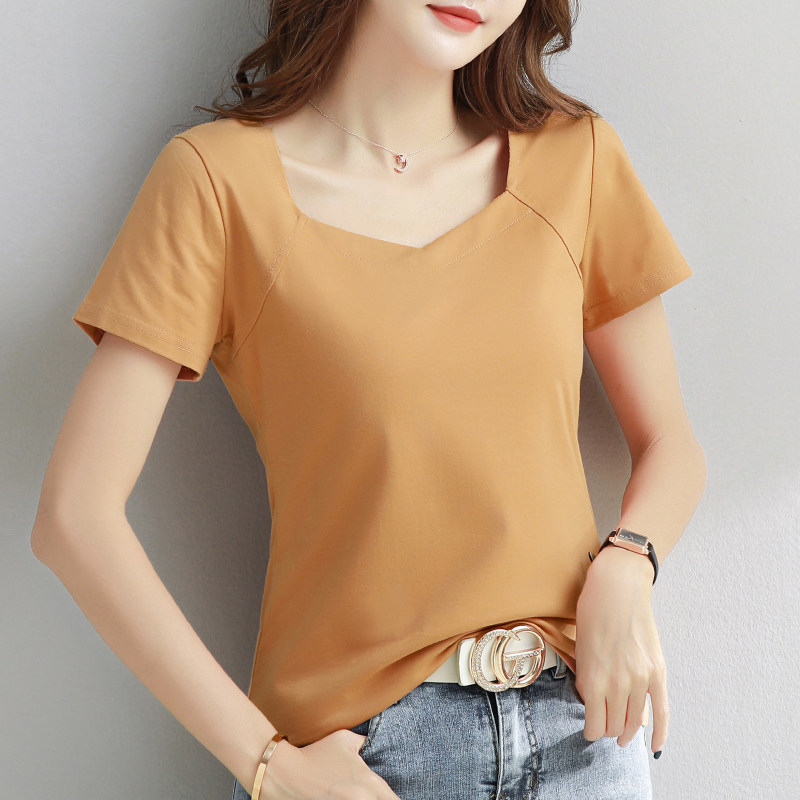 纯棉短袖t恤女夏季白色2023新款半袖体恤紧身锁骨方领黑色上衣潮