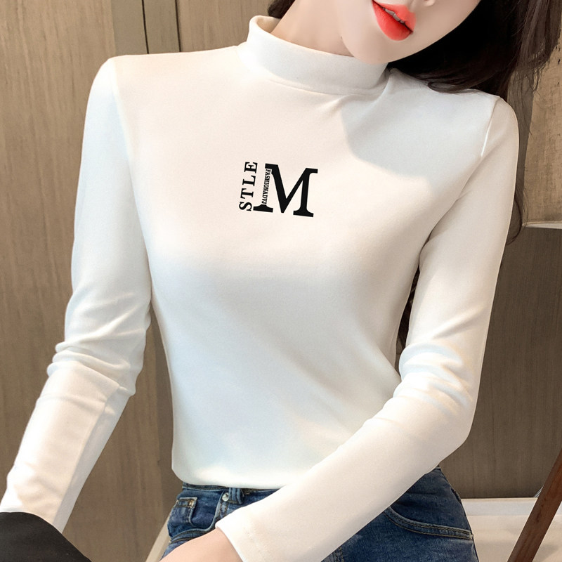 纯棉打底衫女秋冬长袖t恤2024新款修身显瘦半高领洋气内搭上衣潮