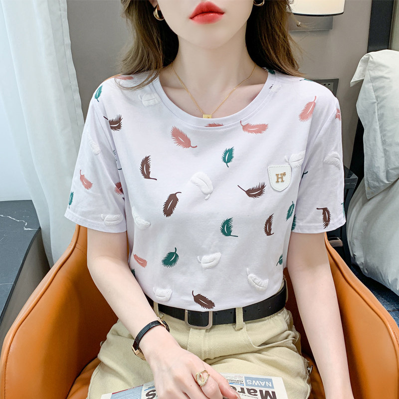 白色短袖t恤女夏季纯棉宽松正肩设计感小众半袖体袖立体印花上衣
