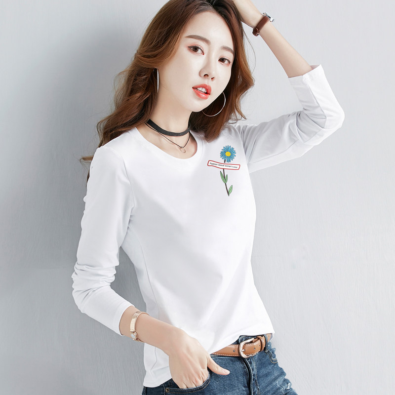内搭打底衫女长袖上衣秋季2024新款修身纯棉韩版百搭t恤白色小衫