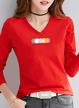 2020春秋新款上衣白色v领打底小衫长袖t恤女装修身韩版棉百搭大码