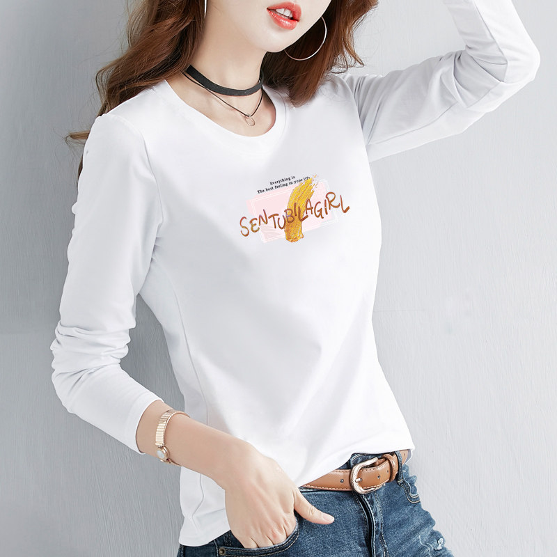 白色纯棉打底衫女装春秋季内搭薄款印花百搭修身长袖t恤上衣服潮