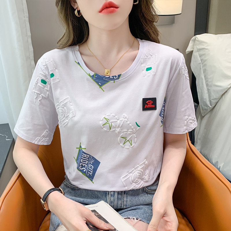 白色短袖t恤女夏季纯棉宽松正肩ins潮小众半袖体袖立体印花上衣