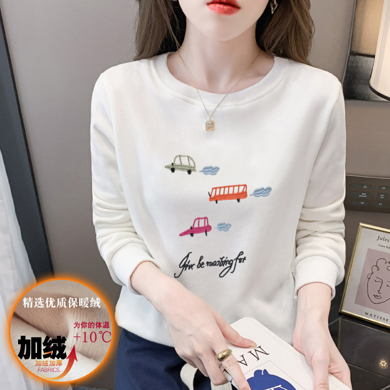 加绒打底衫女加厚保暖上衣服2024新款秋冬装宽松内搭长袖t恤卫衣