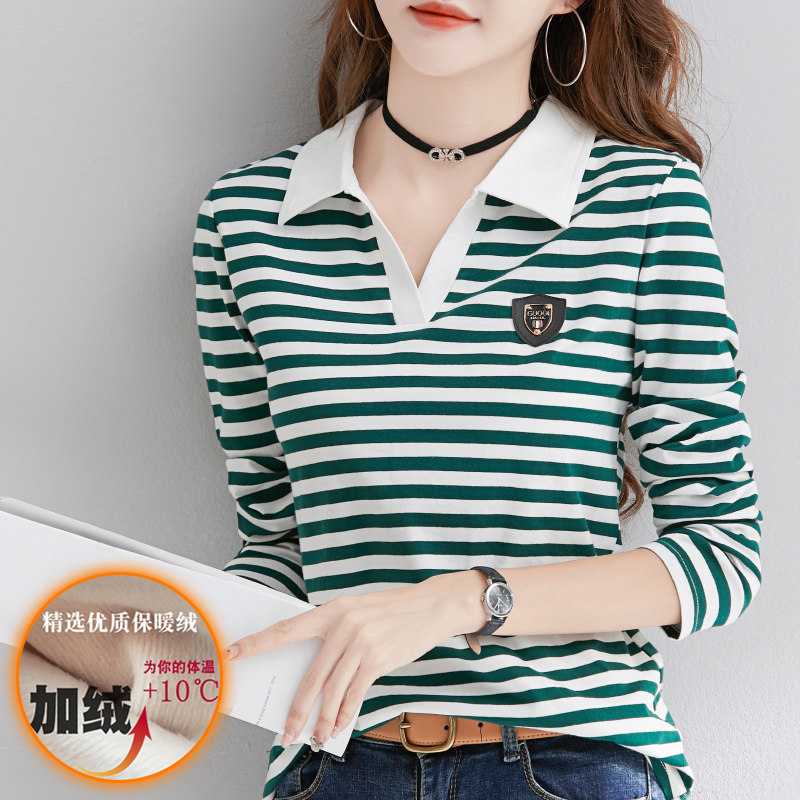 加绒打底衫女内搭纯棉条纹长袖t恤POLO领气质加厚小衫春秋冬上衣
