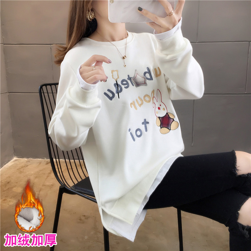 假两件韩版卫衣女秋冬2020新款加绒加厚宽松外套上衣ins潮长袖t恤