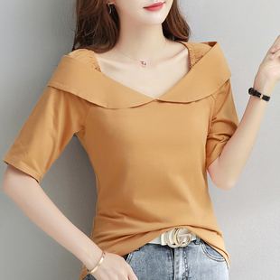 纯棉短袖t恤女白色2023夏季新款设计感露锁骨五分袖一字肩上衣ins