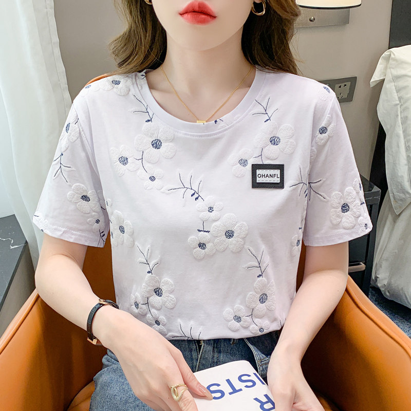 纯棉立体印花短袖t恤女2023夏季新款正肩时尚白色体恤上衣设计感