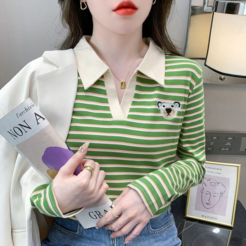 纯棉长袖t恤女修身显瘦内搭POLO领打底衫女春秋条纹小衫上衣