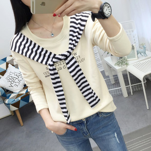 秋冬装女上衣韩版海军风条纹拼接围巾领披肩假两件加绒长袖t恤女