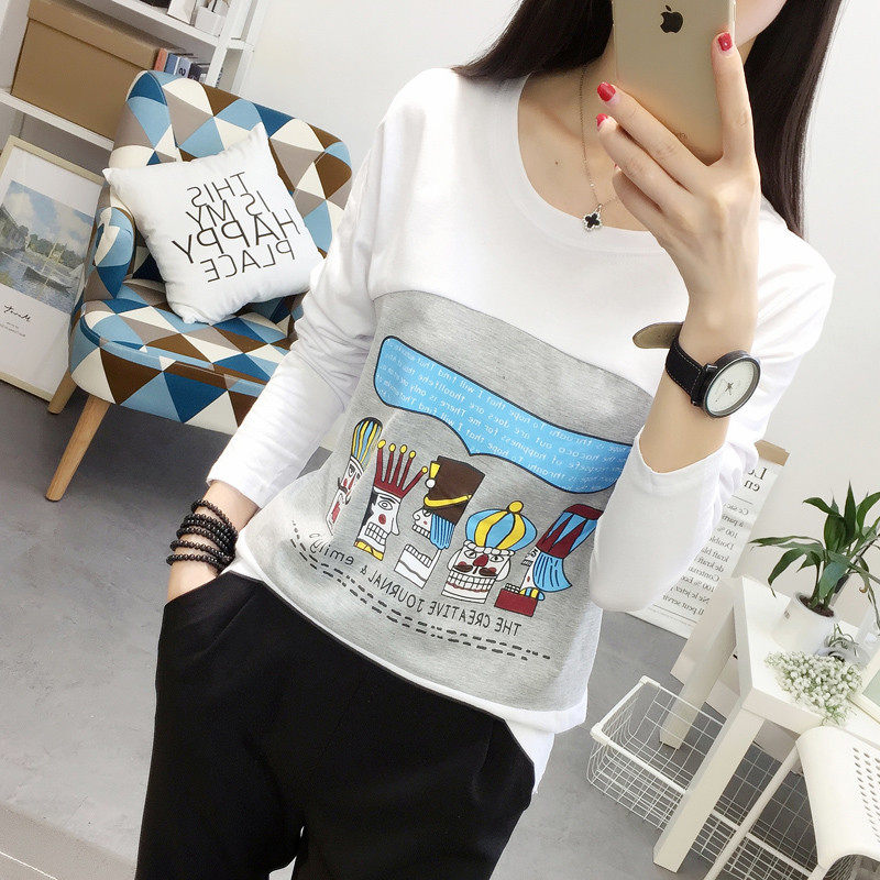 秋冬装韩版潮学生宽松卡通长袖t恤女装大码显瘦印花t桖打底衫上衣