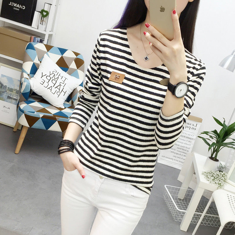 长袖T恤女百搭修身上衣春季2024新款韩版条纹纯棉显瘦学生打底衫