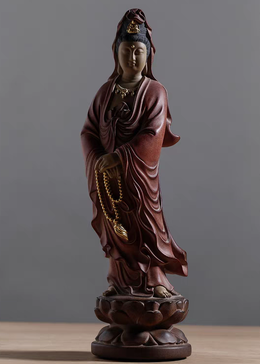 真正台湾工艺 铁丸精石摆件立莲念珠观音家居装饰 茶馆禅居 中式