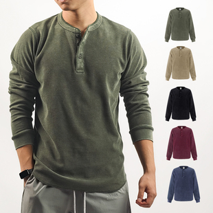 男潮牌重磅华夫格百搭运动休闲T恤保暖打底衫 美式 复古亨利领长袖