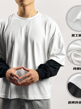 ORGN秋冬宽松运动长袖男子拼接假两件纯棉T恤潮牌百搭保暖套头衫