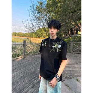 美式高街花卉重工刺绣短袖t恤男生夏季新款国潮男女半袖上衣潮流