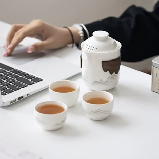 白瓷水墨远山陶瓷旅行茶具户外便携一壶三杯快客杯防烫