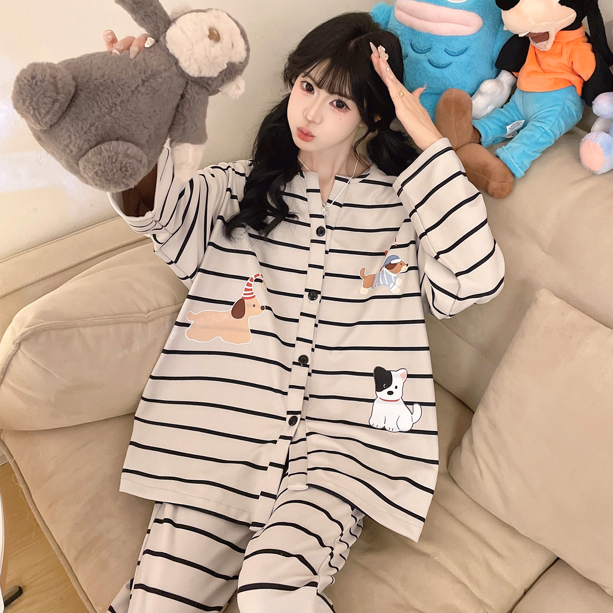 2028秋冬睡衣女德绒翻领开衫套装韩版长袖长裤简约家居服两件套