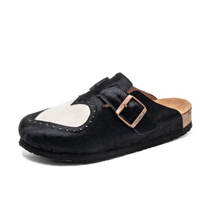 懒人男宽头鞋 bosron包头半包拖鞋 女真皮丑萌鞋 黑色爱心马毛勃肯鞋